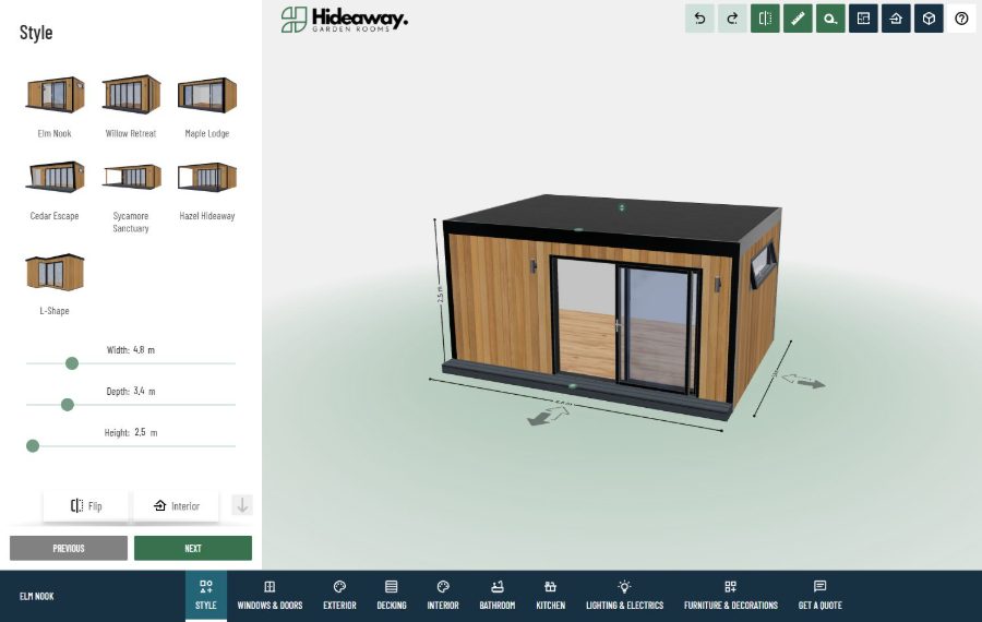 Configurador 3D de Hideaway Garden Rooms