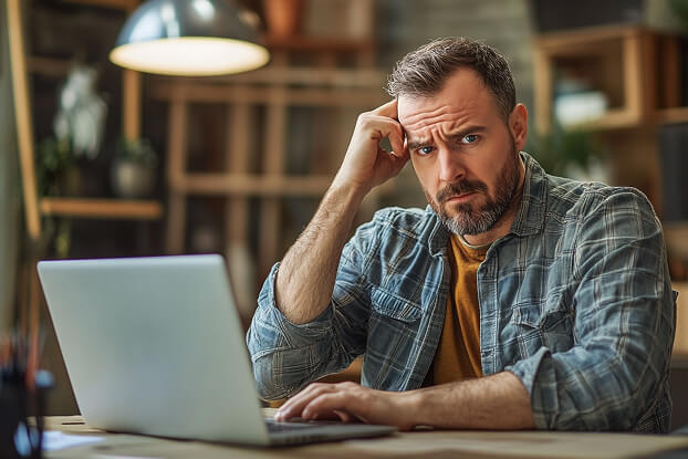 Una persona frustrada trabajando con un portátil, representando la dificultad de crear presupuestos manuales.